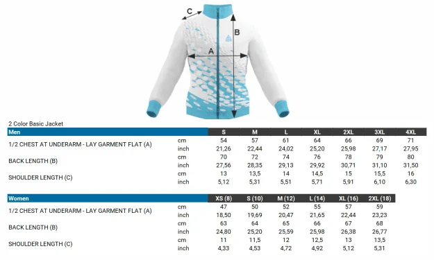 size chart basic 2 color jacket